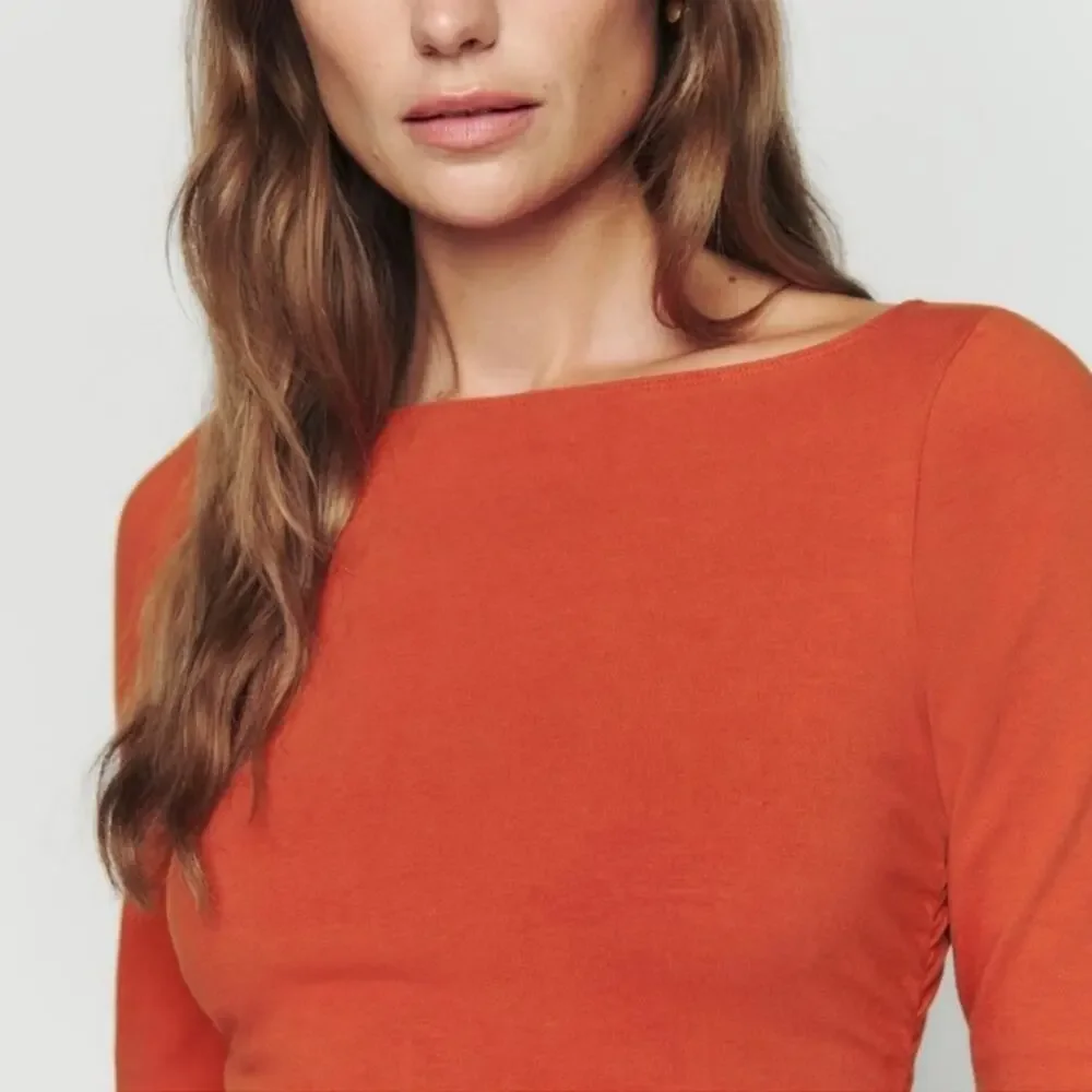 Reformation Women’s Lucio Blood Orange Long Sleeve Ruched Knit Mini Dress Size S